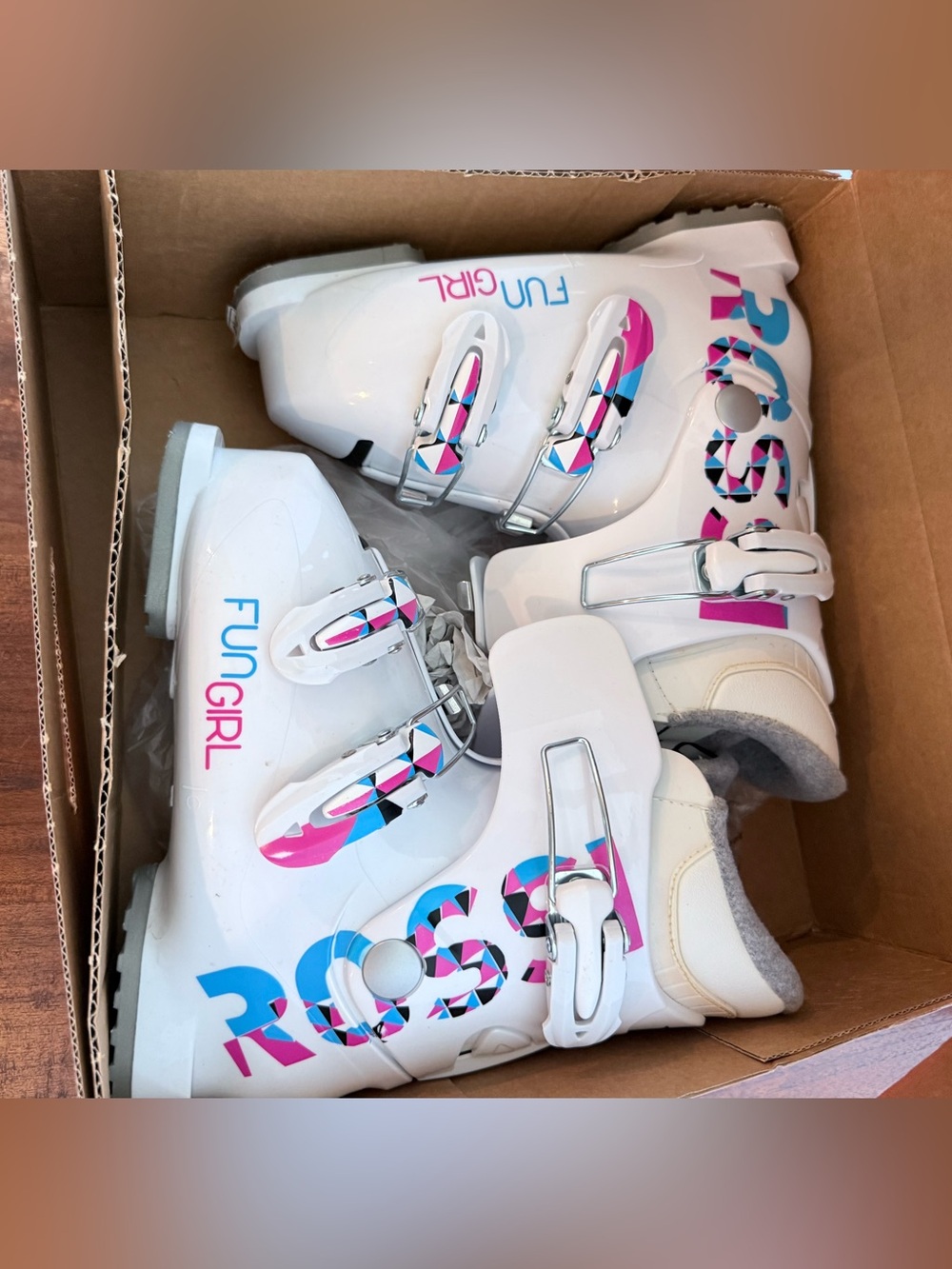 Rossignol White Kids Ski Boots with Pink & Blue Accents